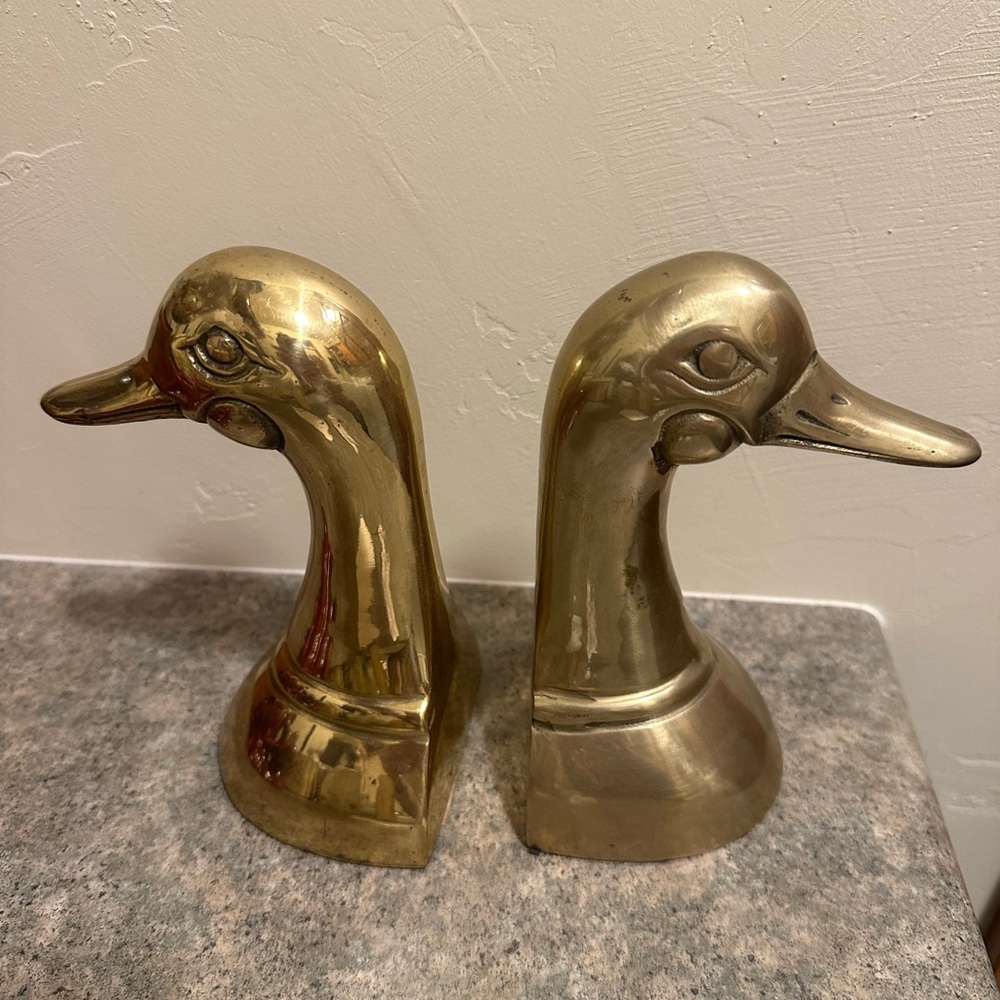 Polished Solid Brass Mallard Duck Head Bookends Sarreid Style - a Pair